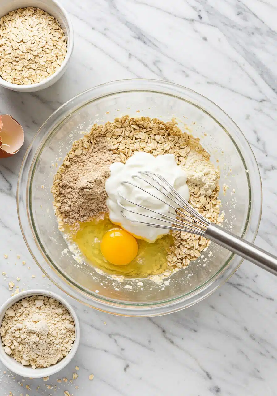 A large glass mixing bowl with oats, f