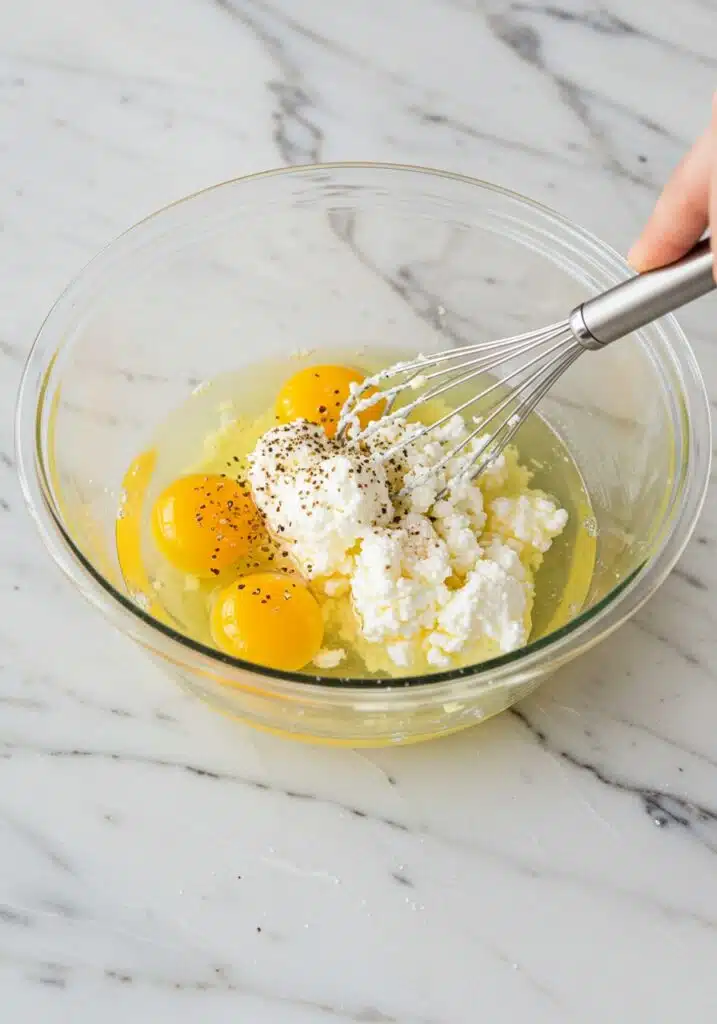 A medium glass mixing bowl with eggs, cottage cheese, salt, and pepper being whisked with a fork