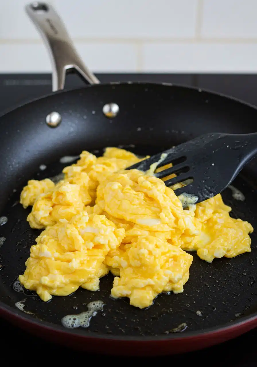 A nonstick skillet on medium-low heat with scrambled eggs just beginning to se