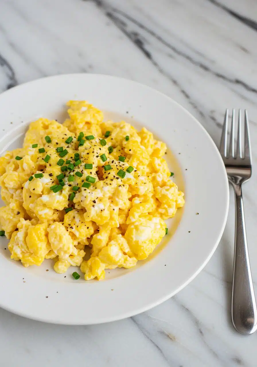 A plate of creamy, soft high-protein scrambled eggs with visible fluffy curds, lightly garnished with fresh chives