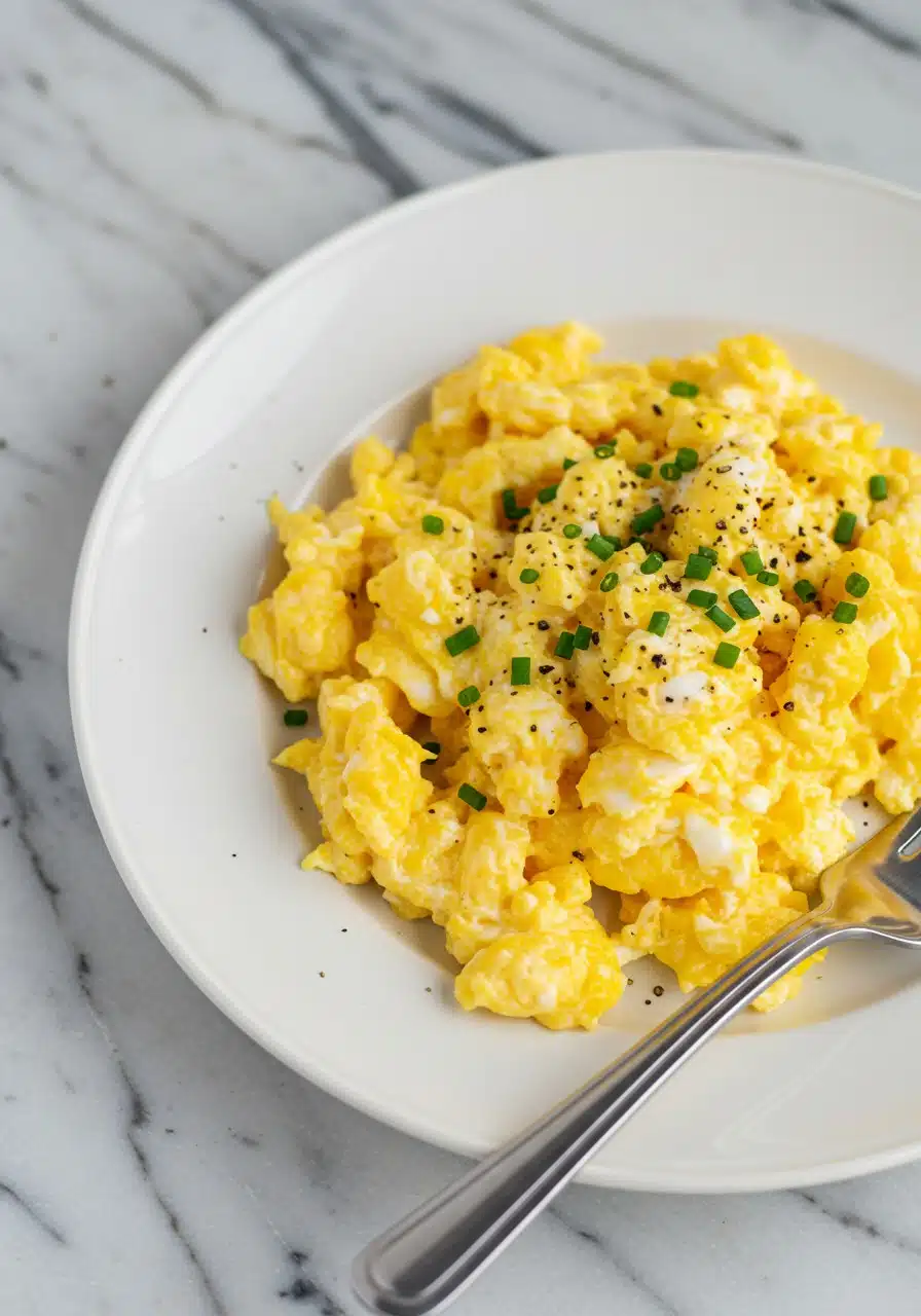 A plate of creamy, soft high-protein scrambled eggs with visible fluffy curds
