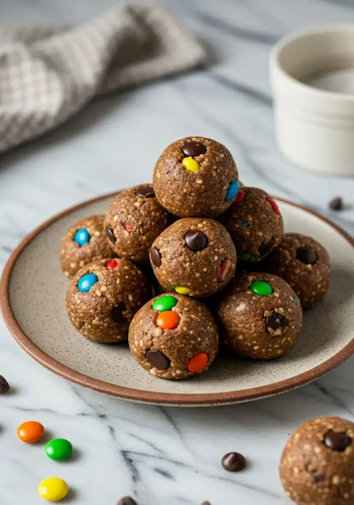 A rustic ceramic plate on a marble countertop holding  monster cookie protein balls stacked slightly