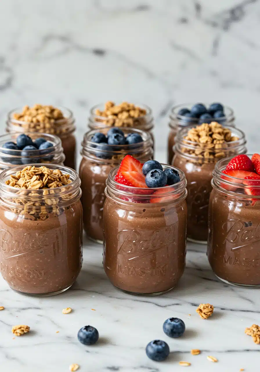 A set of small mason jars filled with chocolate protein pudding, some topped with granola, others with fresh strawberries and blueberries