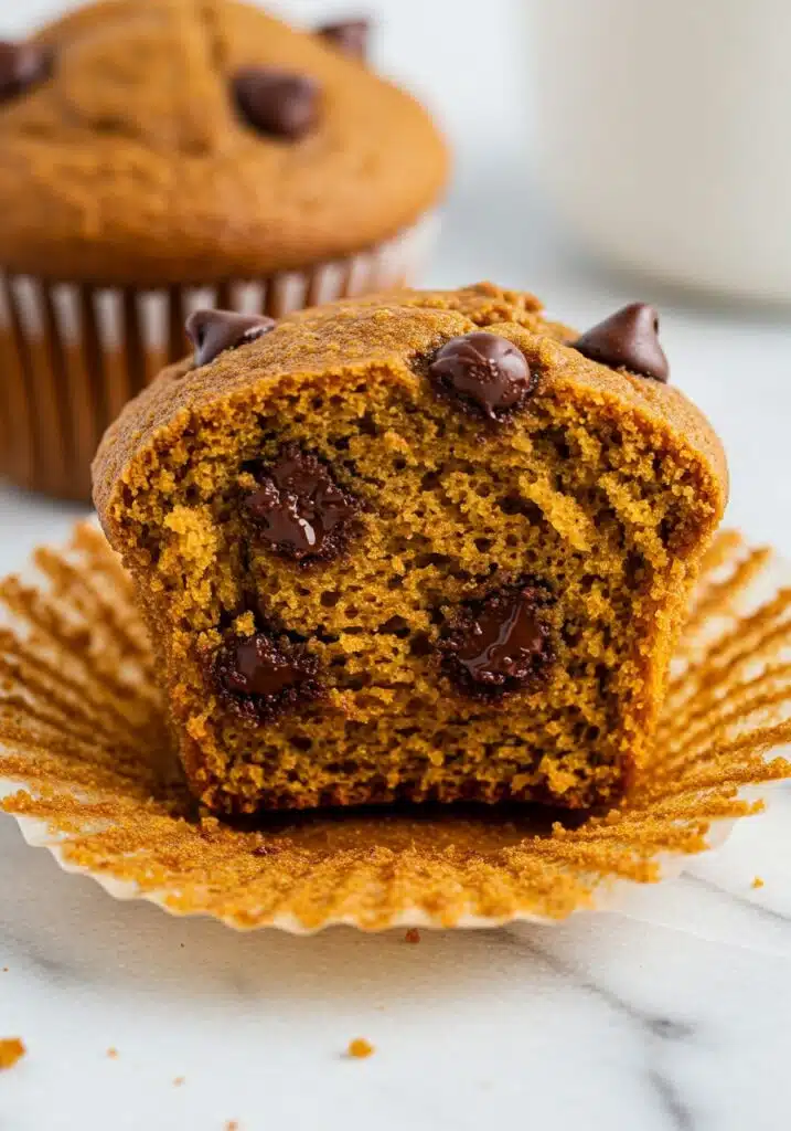 A single high protein pumpkin muffin sliced in half on a marble surface, showing the moist, fluffy texture inside