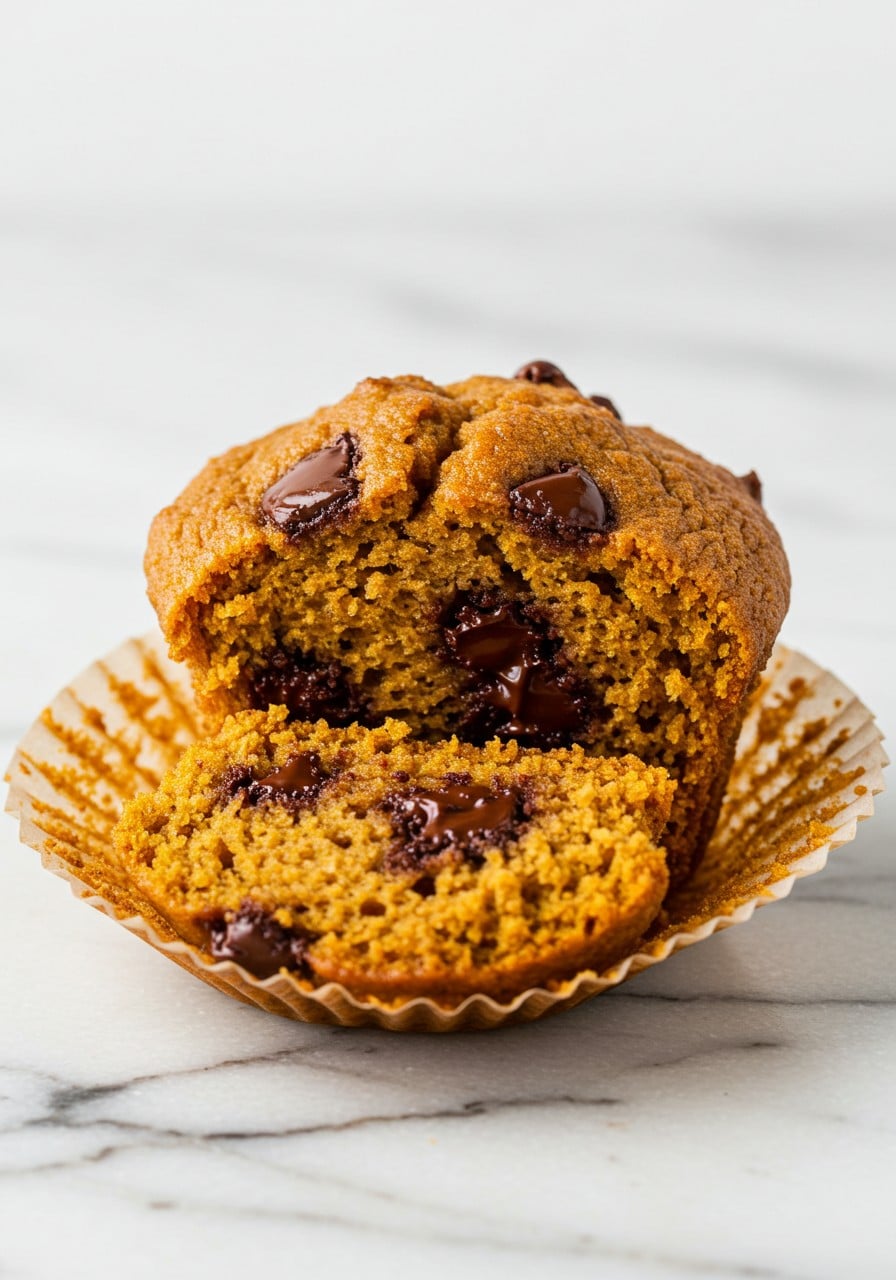 A single high protein pumpkin muffin sliced in half on a marble surface, showing the moist, fluffy texture