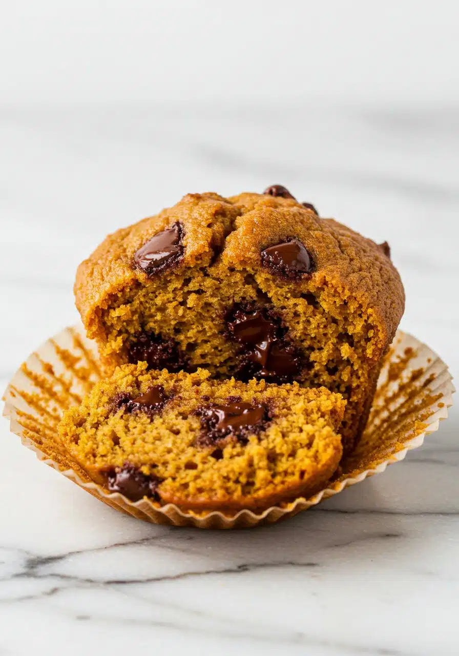 A single high protein pumpkin muffin sliced in half on a marble surface, showing the moist, fluffy texture