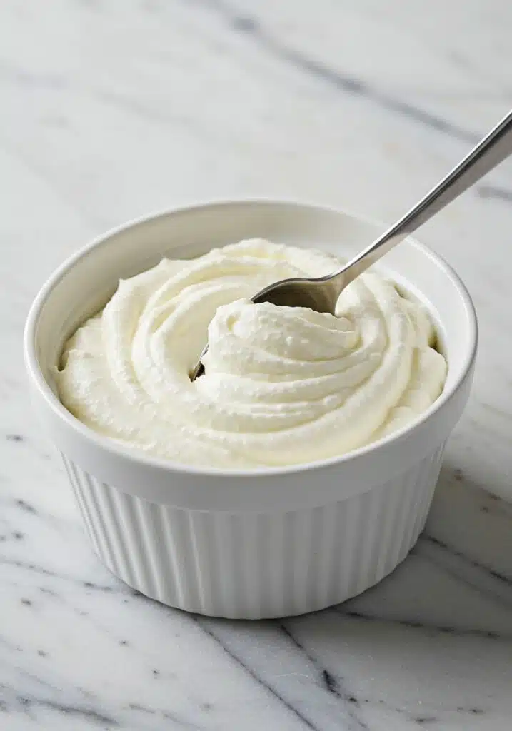 A small white bowl filled with whipped cottage cheese