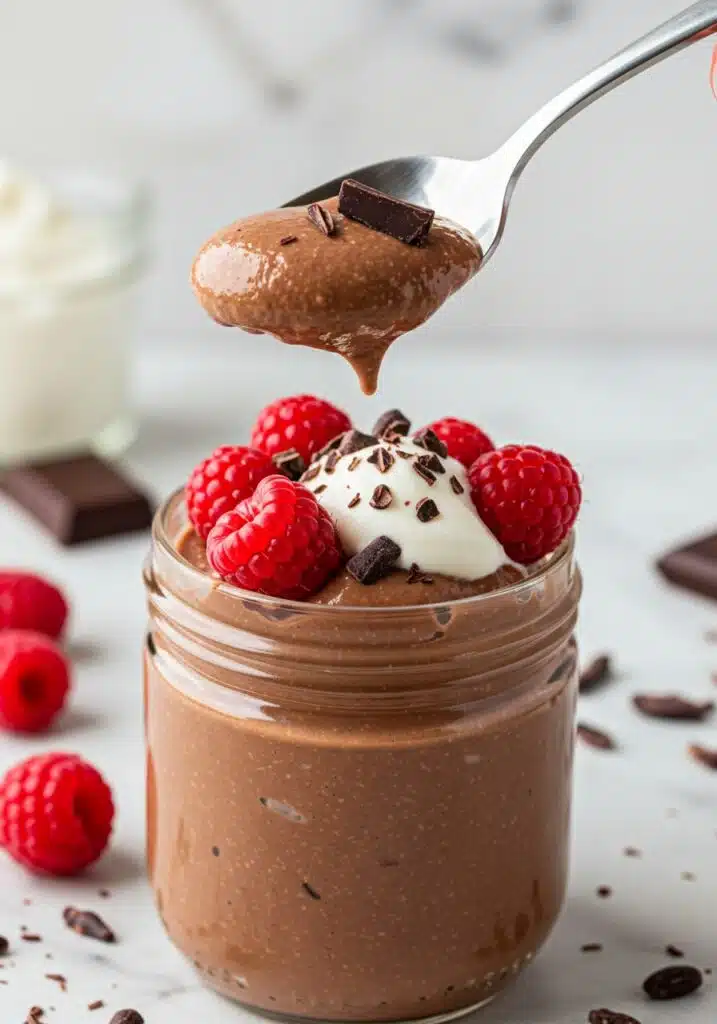 A spoon dipping into a creamy jar of chocolate protein pudding topped with fresh raspberries