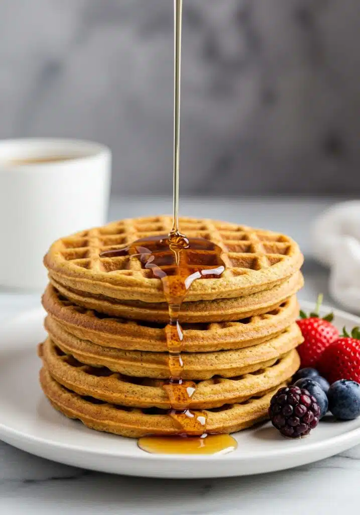 A stack of golden-brown, fluffy protein waffles on a white plate
