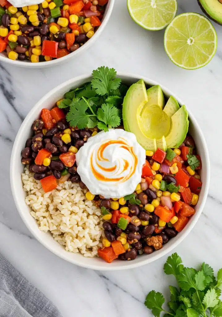A vibrant cottage cheese burrito bowl served in a white ceramic bowl on a marble countertop
