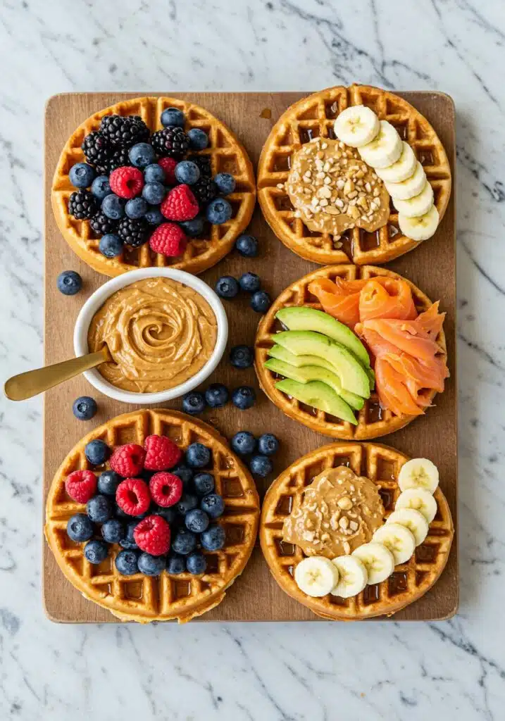 A waffle board featuring different topping combos one with berries and syrup, one with avocado and smoked salmon, one with peanut butter and banana