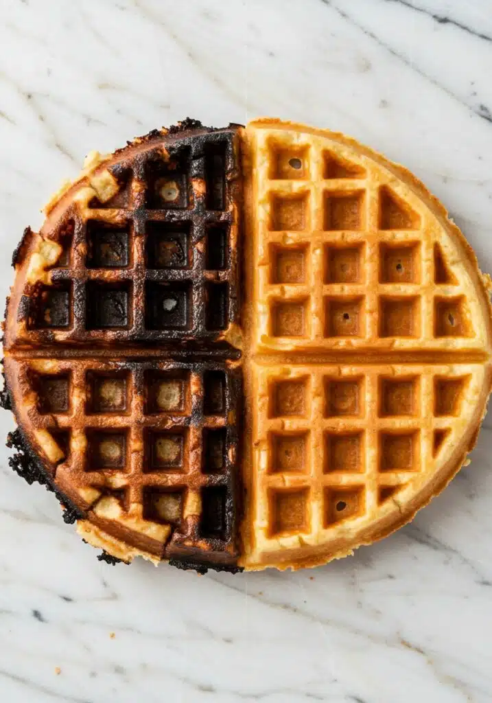 A waffle gone wrong, burnt edges or sticking to the iron