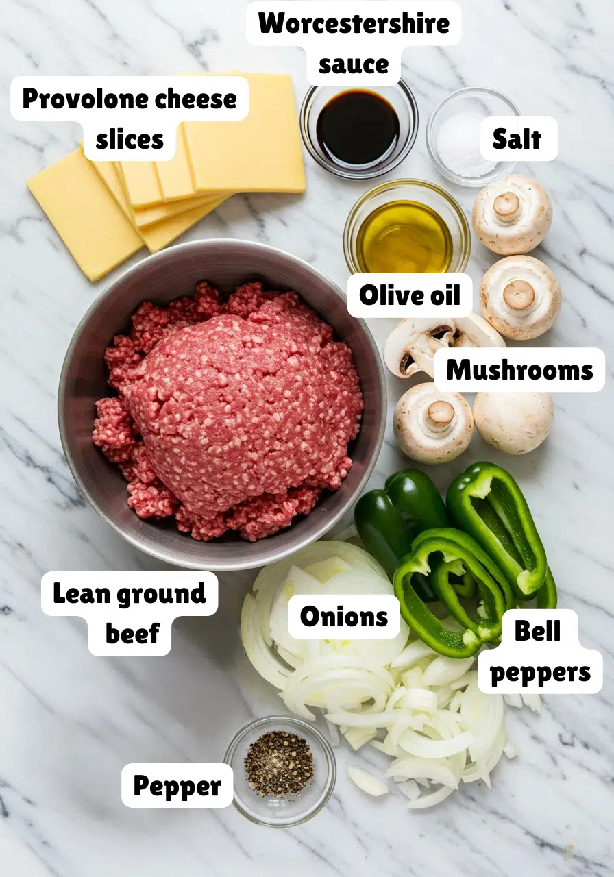 All ingredients for a Philly cheesesteak bowl arranged neatly on a marble countertop