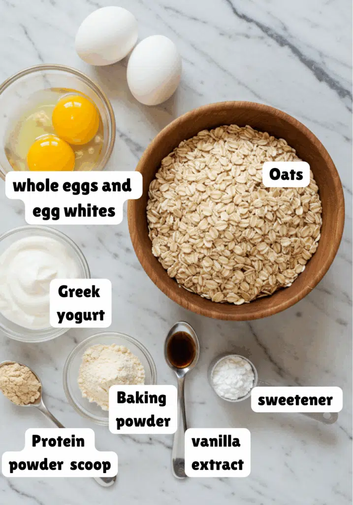 All ingredients for protein waffles arranged neatly on a marble countertop