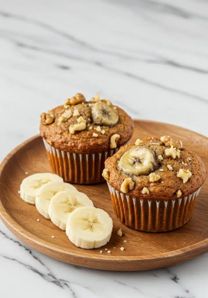 Banana protein muffins topped with walnut pieces