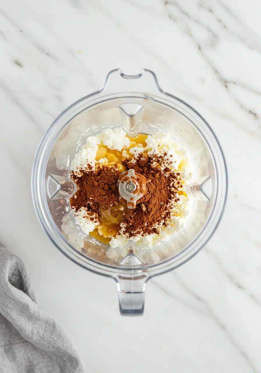 Blender jar filled with cottage cheese, cocoa powder, and honey before blending
