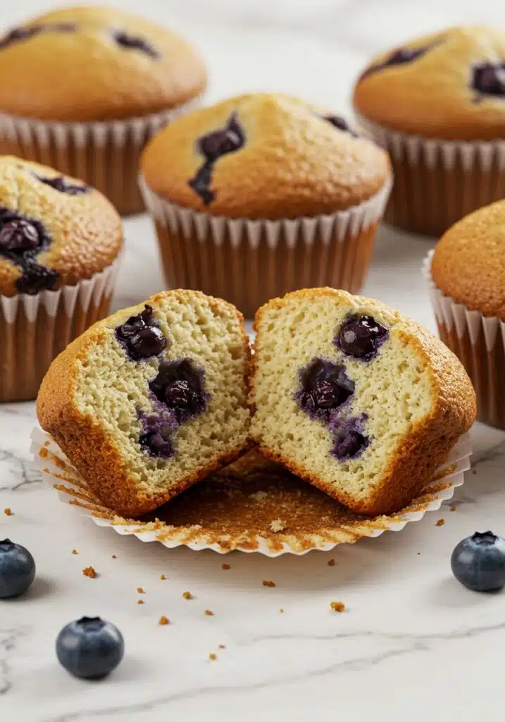 Blueberry muffins bursting with juicy berries, one muffin split open to show inside