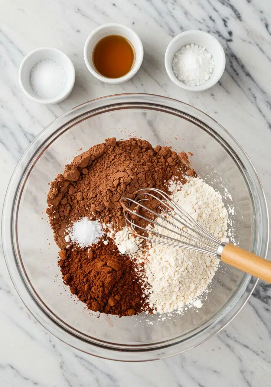 Bowl of chocolate protein powder, cocoa powder, flour, pinch of salt