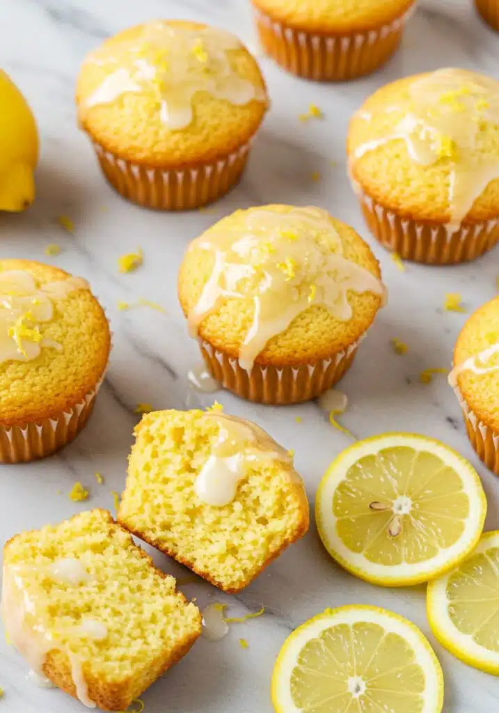Bright lemon muffins topped with light glaze drizzle, lemon zest sprinkled around