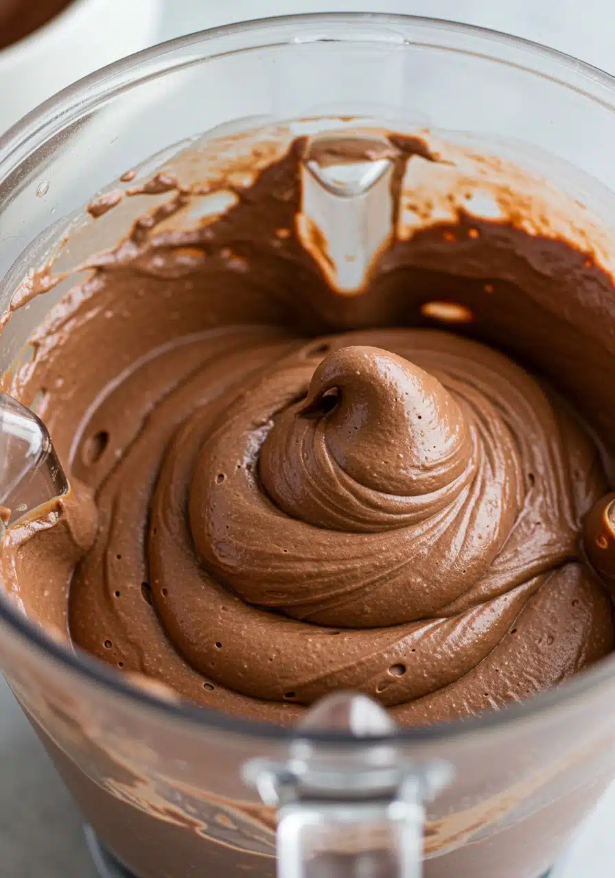 Close-up of chocolate mousse in a blender jar after blending