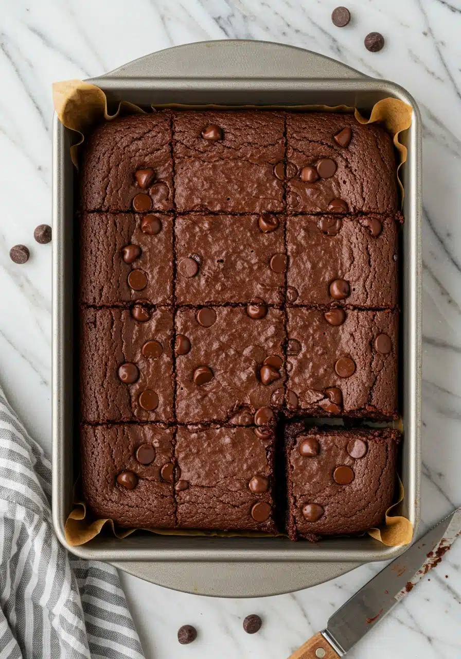 Close up of freshly baked fudgy chocolate protein brownies in an 8x8 pan