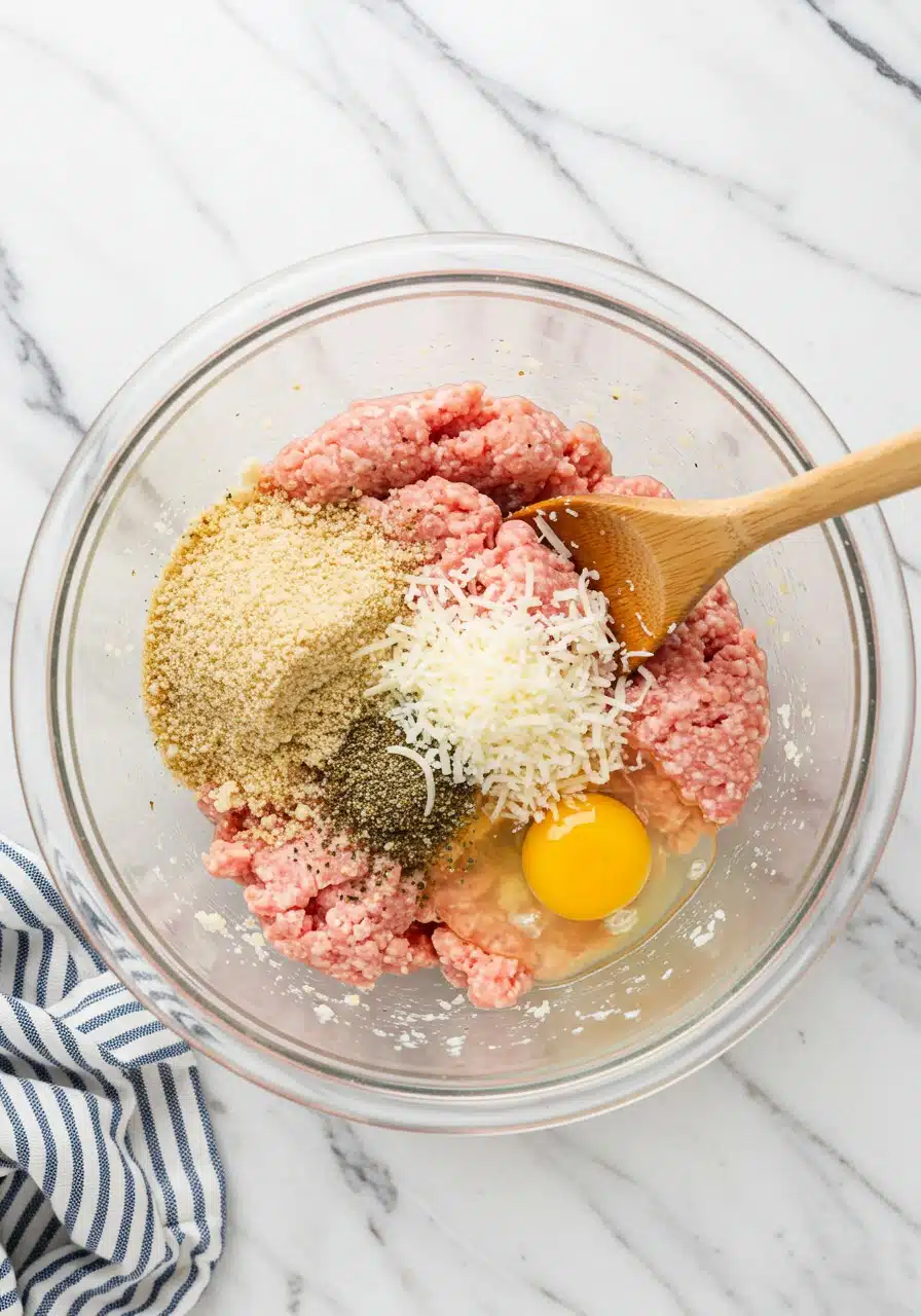 Close-up shot of a glass mixing bowl filled with ground turkey, breadcrumbs, Parmesan, egg, and seasonings before mixing