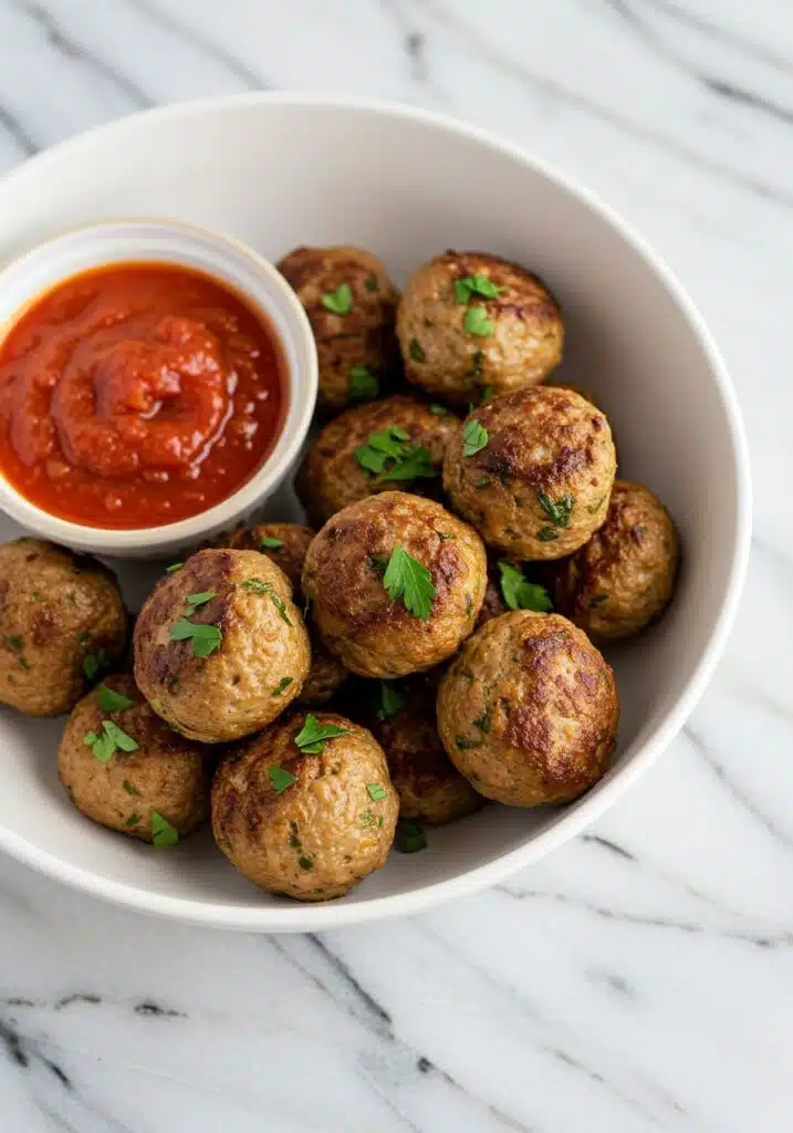 Cooked Juicy Air Fryer Turkey Meatballs (High-Protein) served in a shallow white bowl, garnished