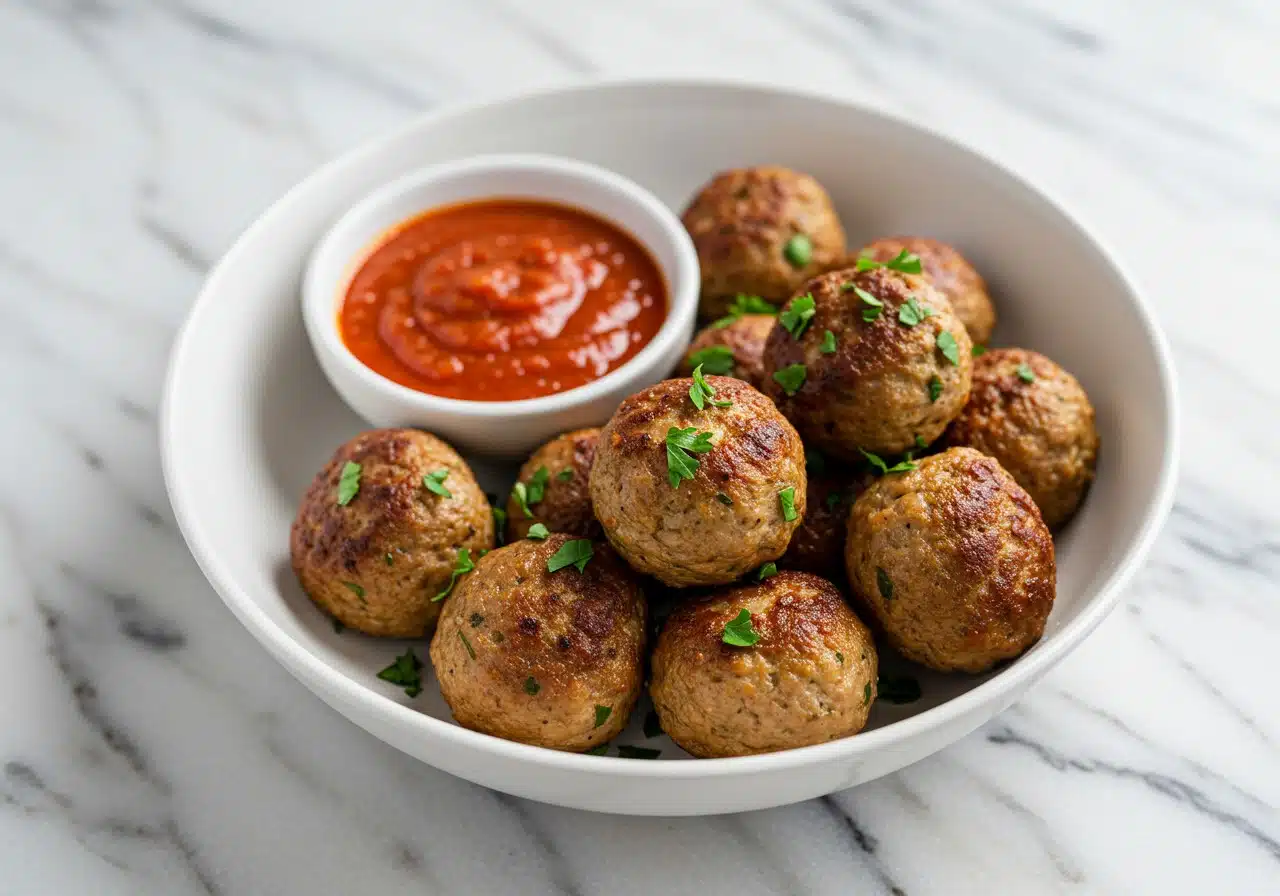 Cooked Air Fryer Turkey Meatballs (High-Protein) served in a shallow white bowl, garnished with fresh parsley
