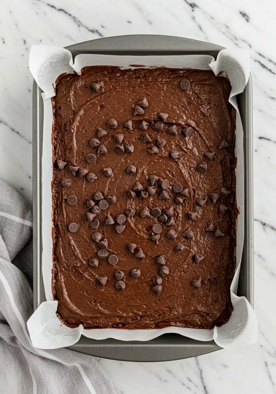 Evenly spread chocolate brownie batter in a greased 8x8-inch baking pan lined with parchment