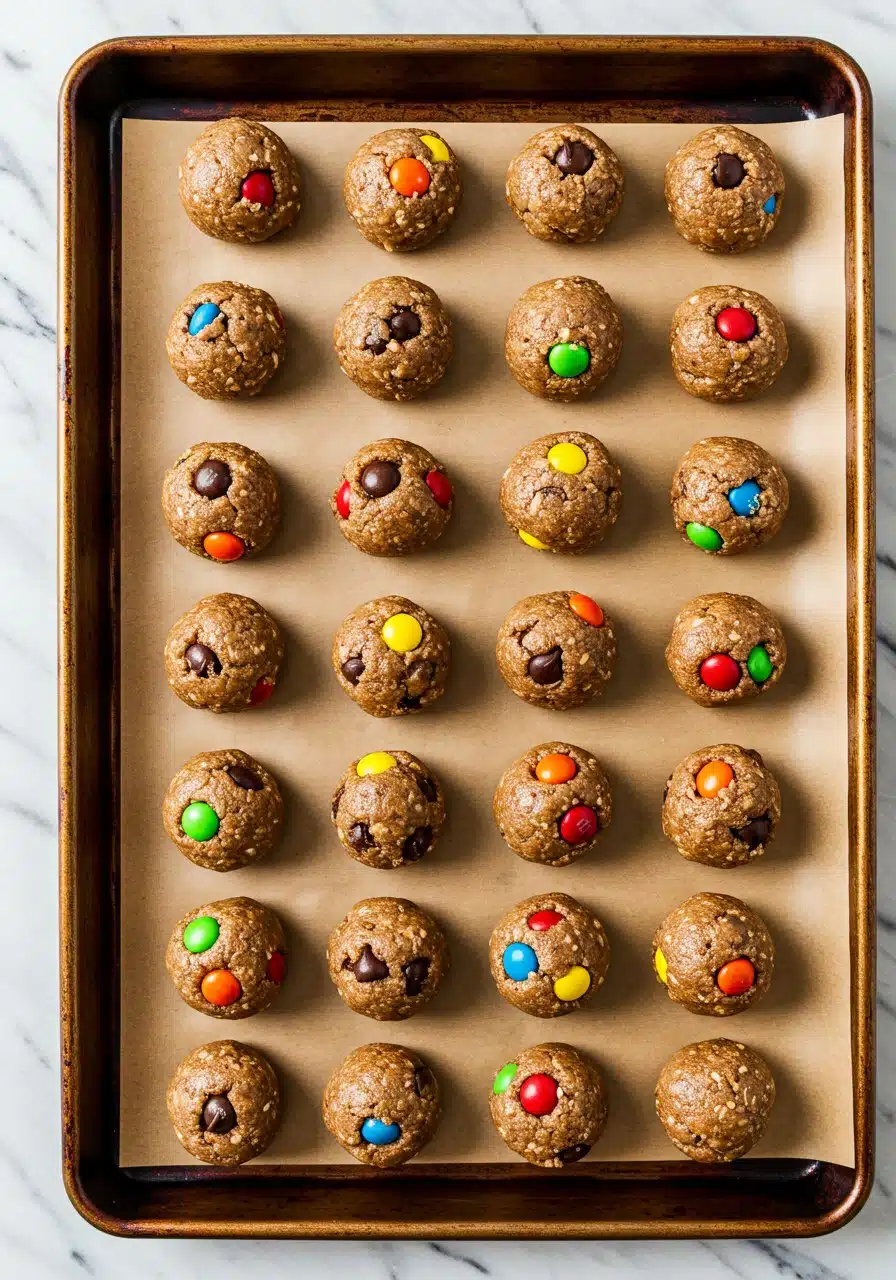 Finished monster cookie protein balls on a parchment-lined baking sheet on a marble countertop
