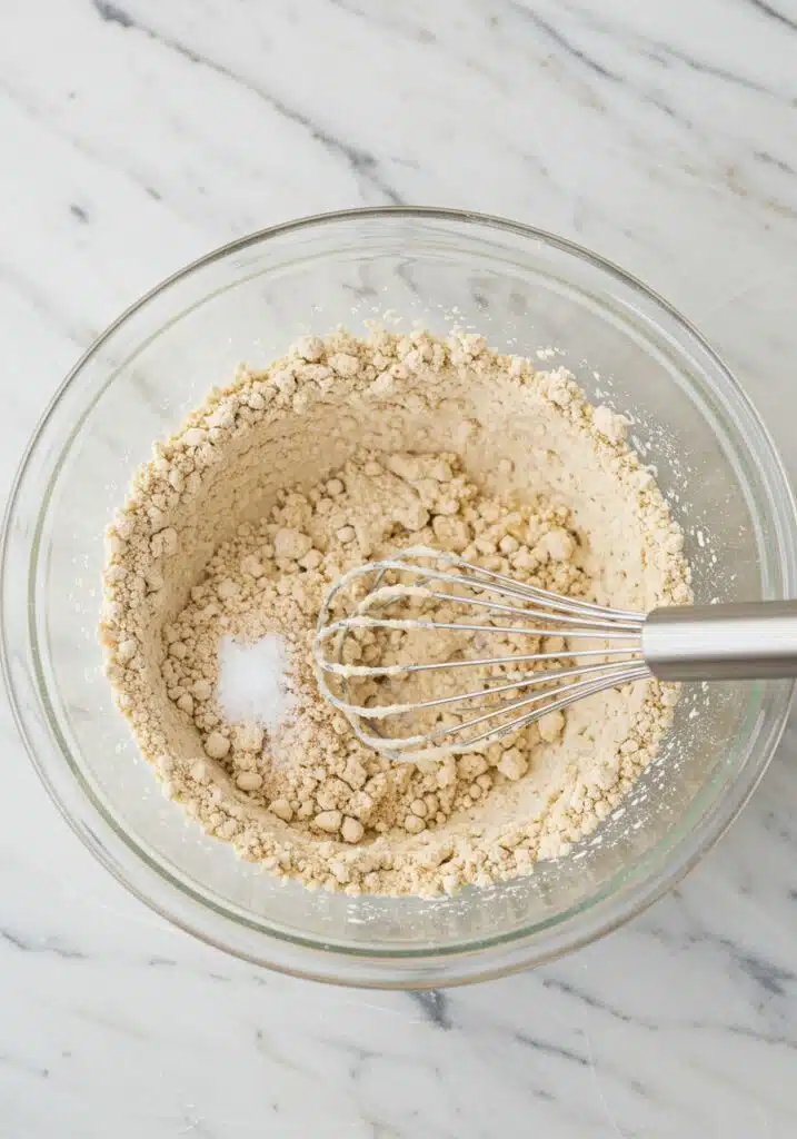Flour-like Kodiak pancake mix in a large glass mixing bowl