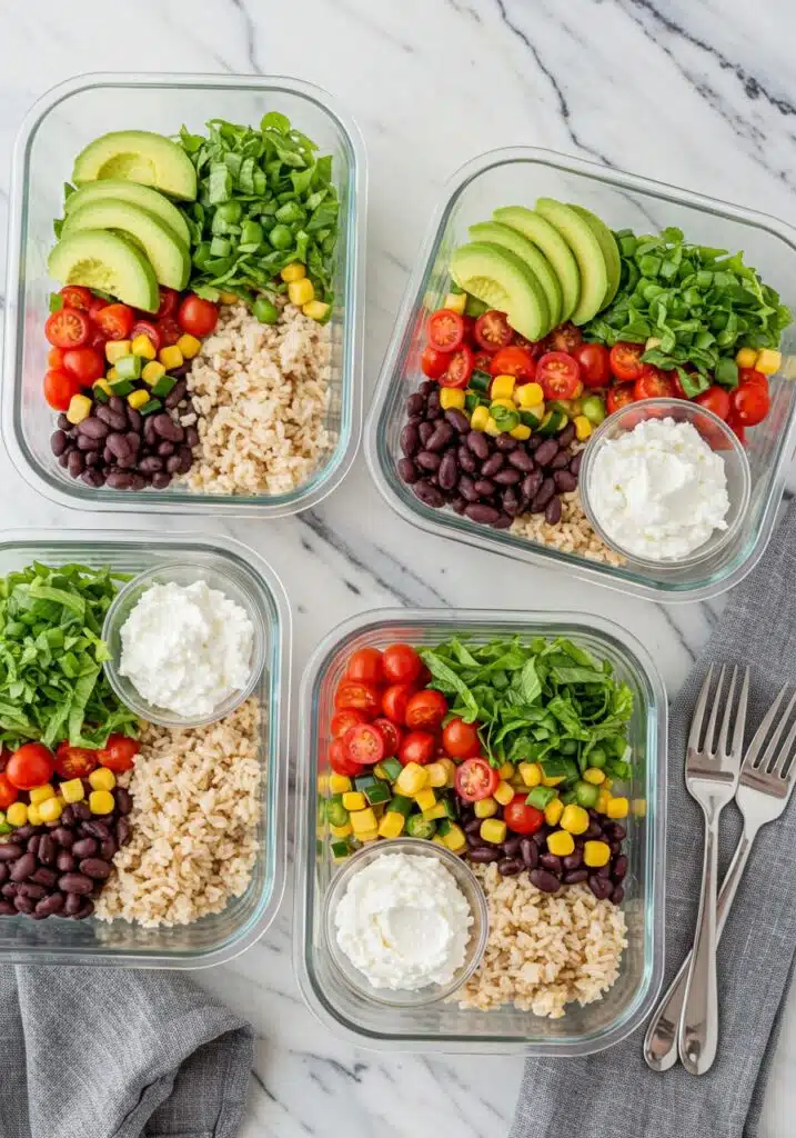 Four glass meal prep containers filled with cottage cheese burrito bowls