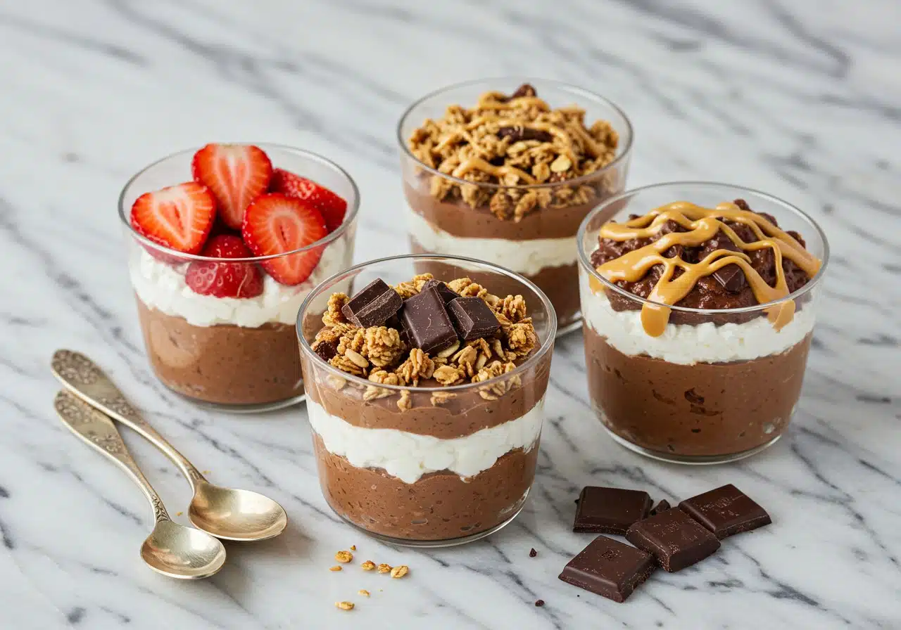 Four small dessert cups of cottage cheese chocolate mousse, each topped differently