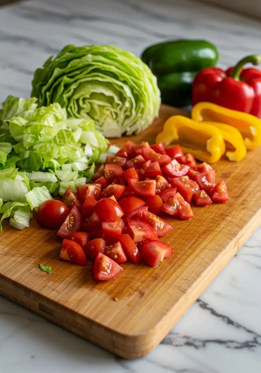 Fresh vegetables being chopped on a wooden cutting board