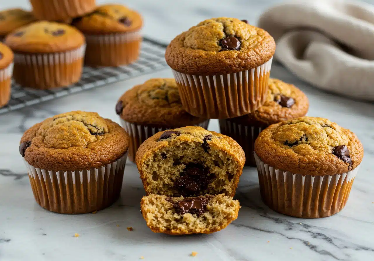 Freshly baked plain Kodiak protein muffins stacked on a plate, fluffy texture visible, one muffin cut in half