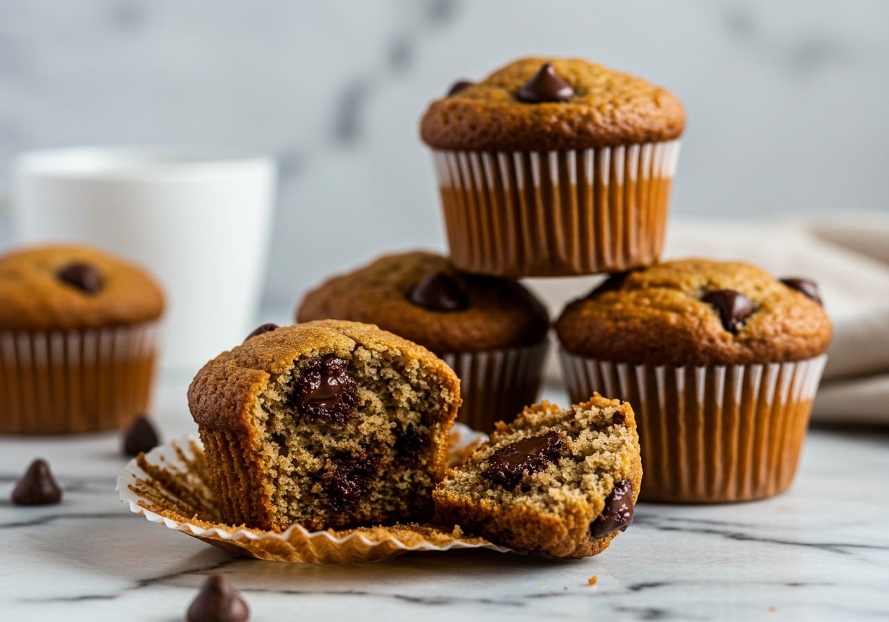 Freshly baked plain Kodiak protein muffins stacked on a plate, fluffy texture visible, one muffin cut in half showing