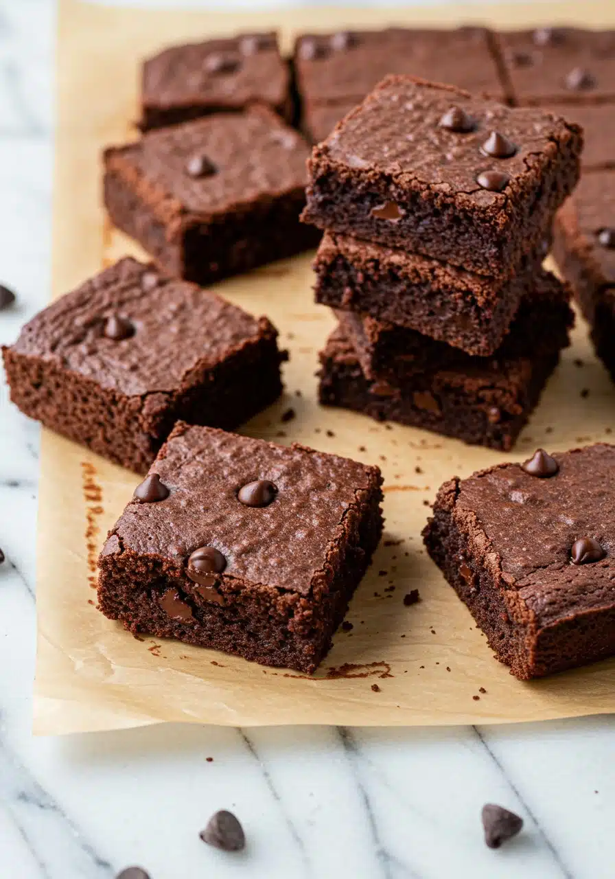 Fudgy chocolate protein brownies cooled and sliced into squares
