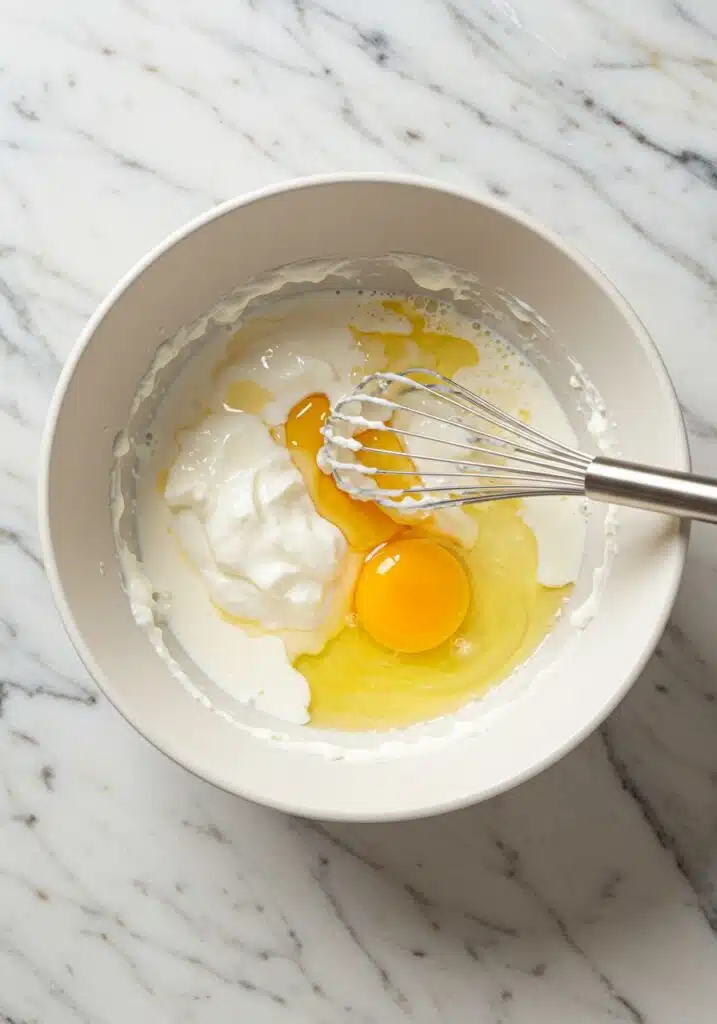Greek yogurt, milk, egg, and honey being whisked together in a medium bow