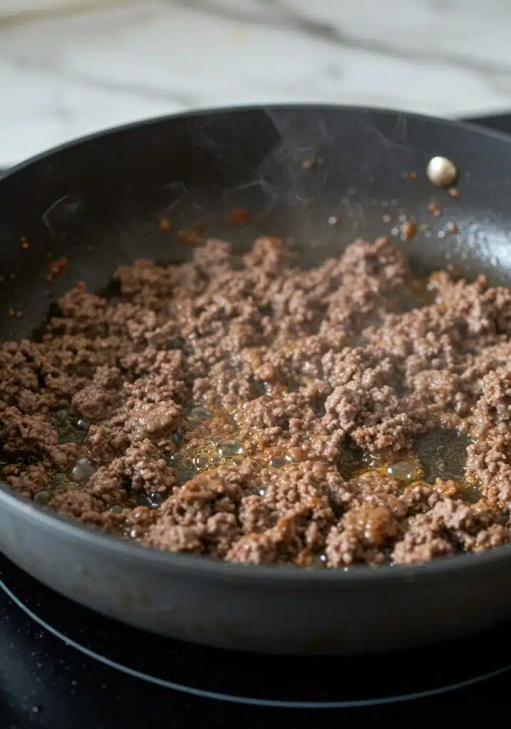 Ground beef browning in a nonstick skillet