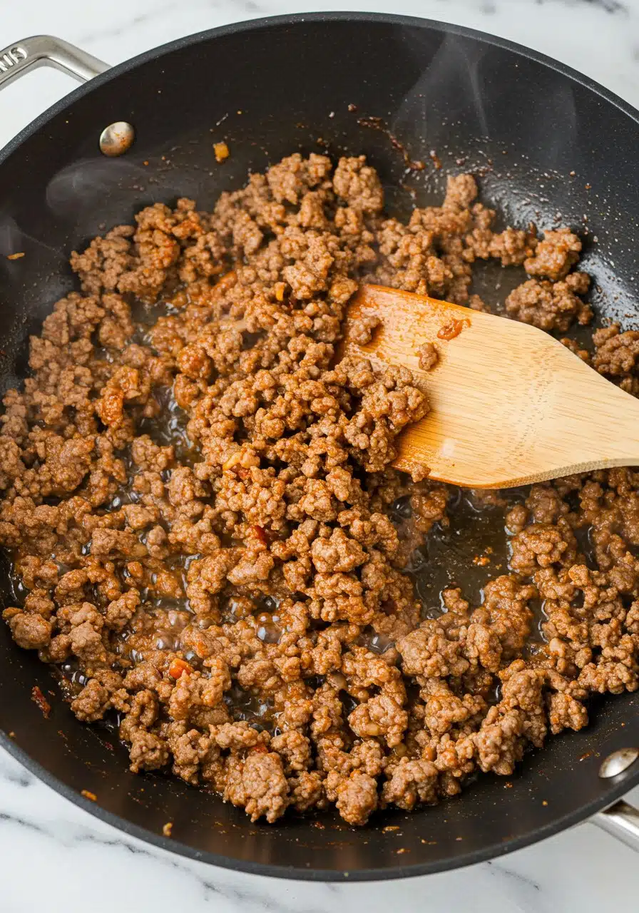 Ground beef cooking in a skillet with taco spices