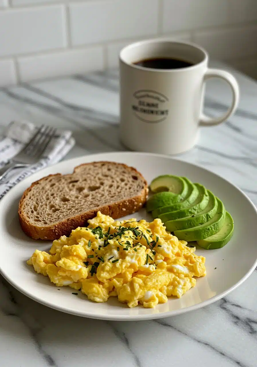 High-protein scrambled eggs served with whole grain toast