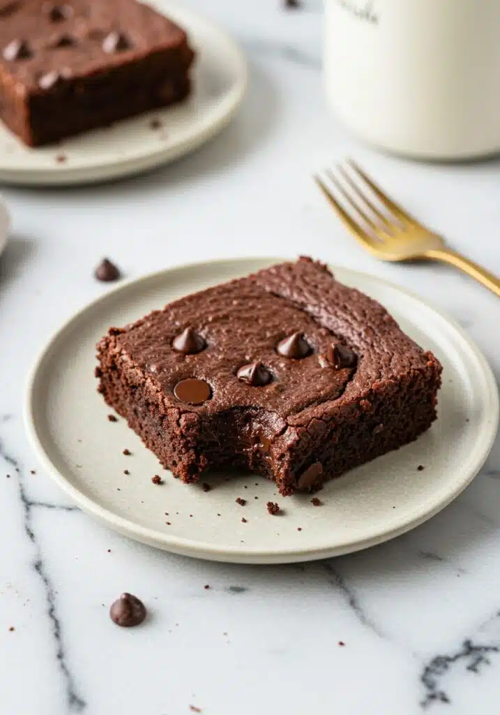 Individual square of fudgy chocolate Cottage Cheese Protein Brownies  on a small plate