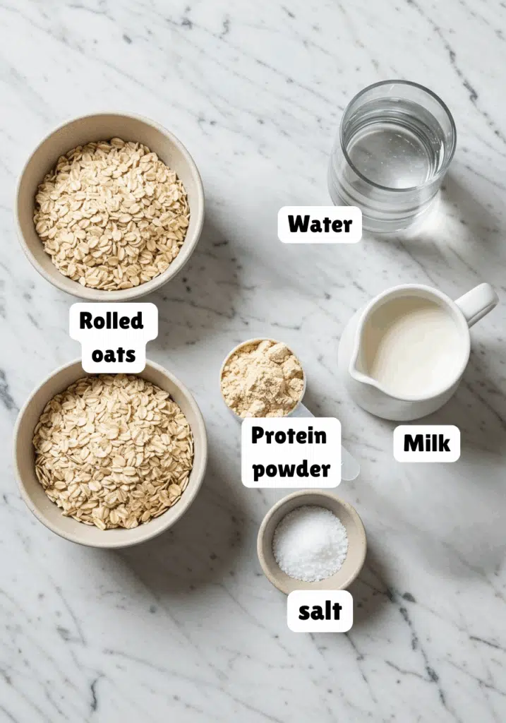 Ingredients for high-protein oatmeal neatly arranged on a marble countertop