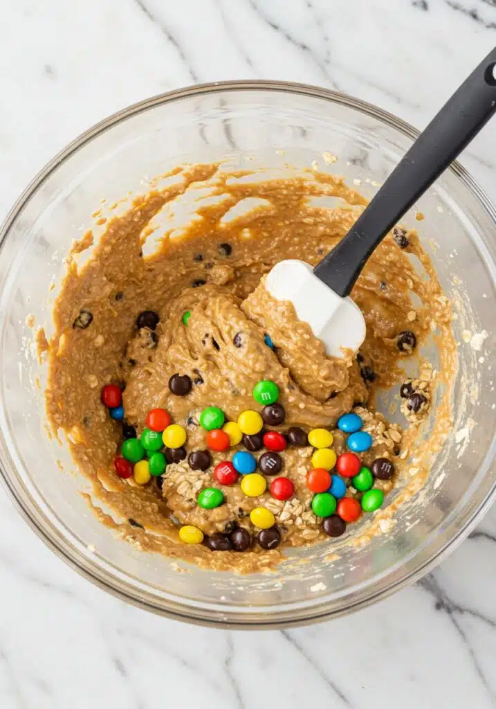 Large glass mixing bowl on a marble countertop filled with monster cookie protein ball mixture