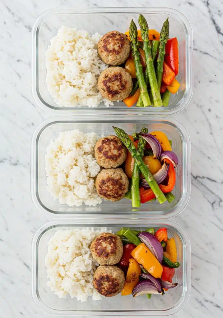 Meal prep containers filled with cooked turkey meatballs, paired with roasted vegetables and rice