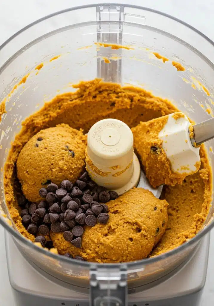 Mini chocolate chips being mixed into pumpkin protein dough.