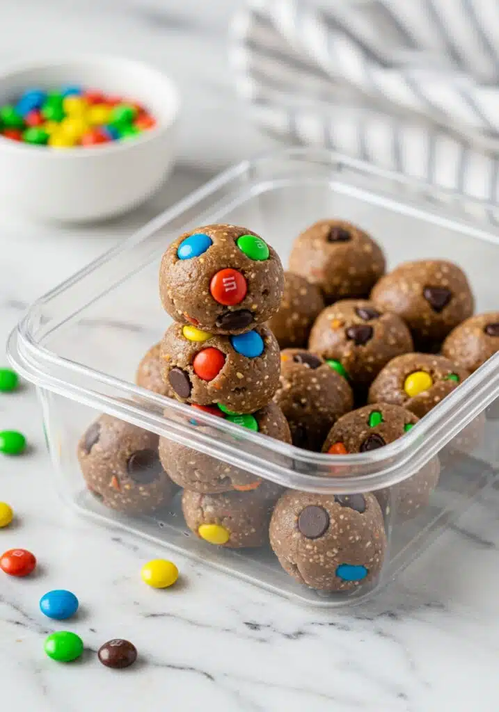 Monster cookie protein balls stored in a clear airtight container on a marble countertop, some balls stacked, ready for fridge or freezer