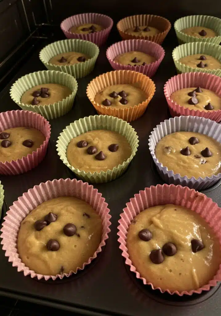 Muffin liners filled with batter topped with chocolate chips ready to bake