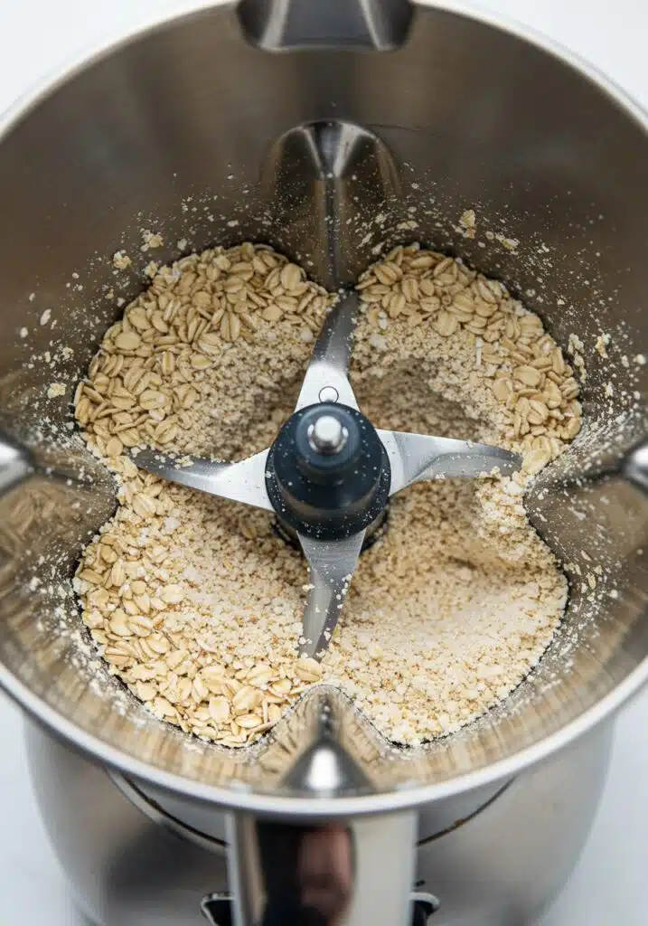 Oats being blended into flour in a blender