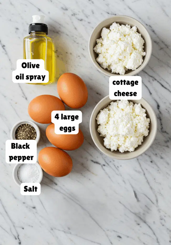 Overhead flat lay of raw ingredients for high-protein scrambled eggs